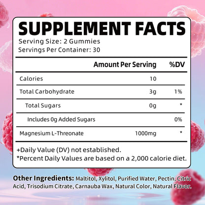 Pack of 2 Magnesium L-Threonate Gummies - Sugar-Free 1000MG Raspberry, 60 Count