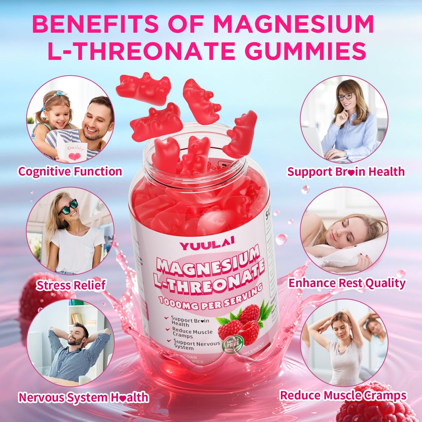Pack of 2 Magnesium L-Threonate Gummies - Sugar-Free 1000MG Raspberry, 60 Count
