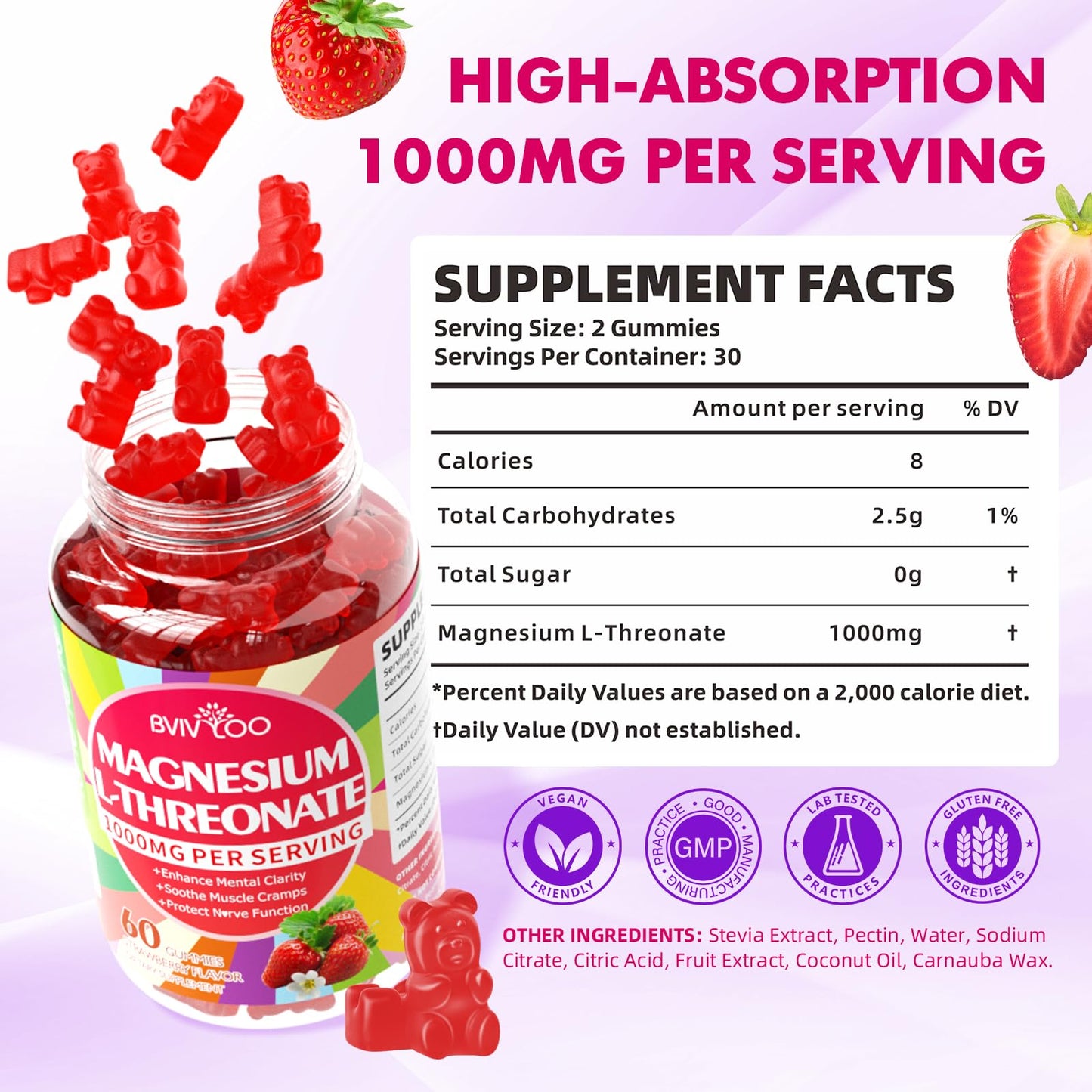 1000mg Magnesium L-Threonate Gummies - Vegan Sugar-Free Strawberry (60 ct)