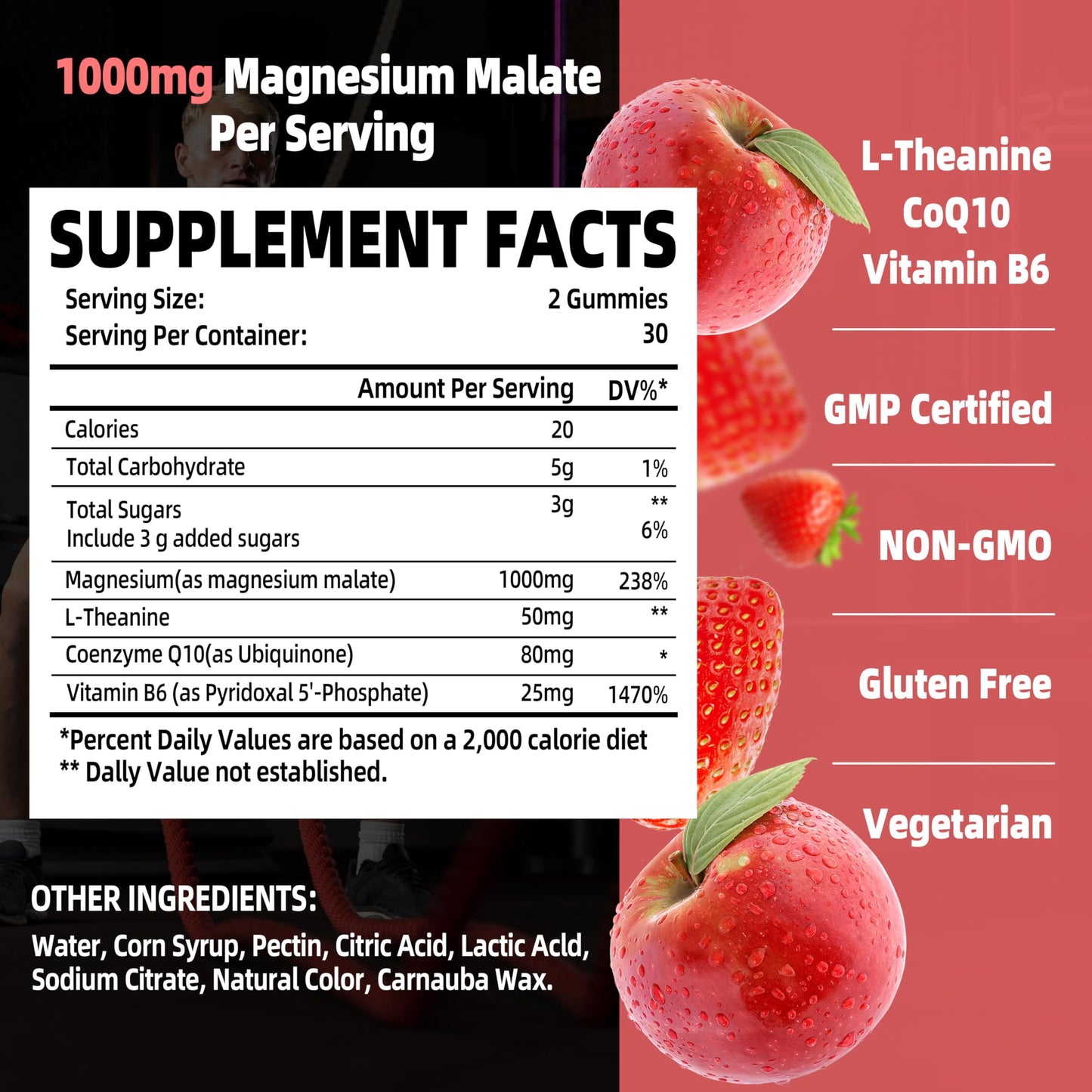 Magnesium Malate Gummies 1000mg | L-Theanine, CoQ10 & Vitamin B6 | Vegan, Non-GMO, Gluten-Free | 60 Chewables