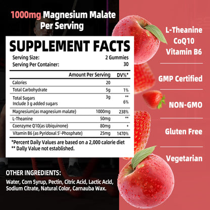 Magnesium Malate Gummies 1000mg | L-Theanine, CoQ10 & Vitamin B6 | Vegan, Non-GMO, Gluten-Free | 60 Chewables