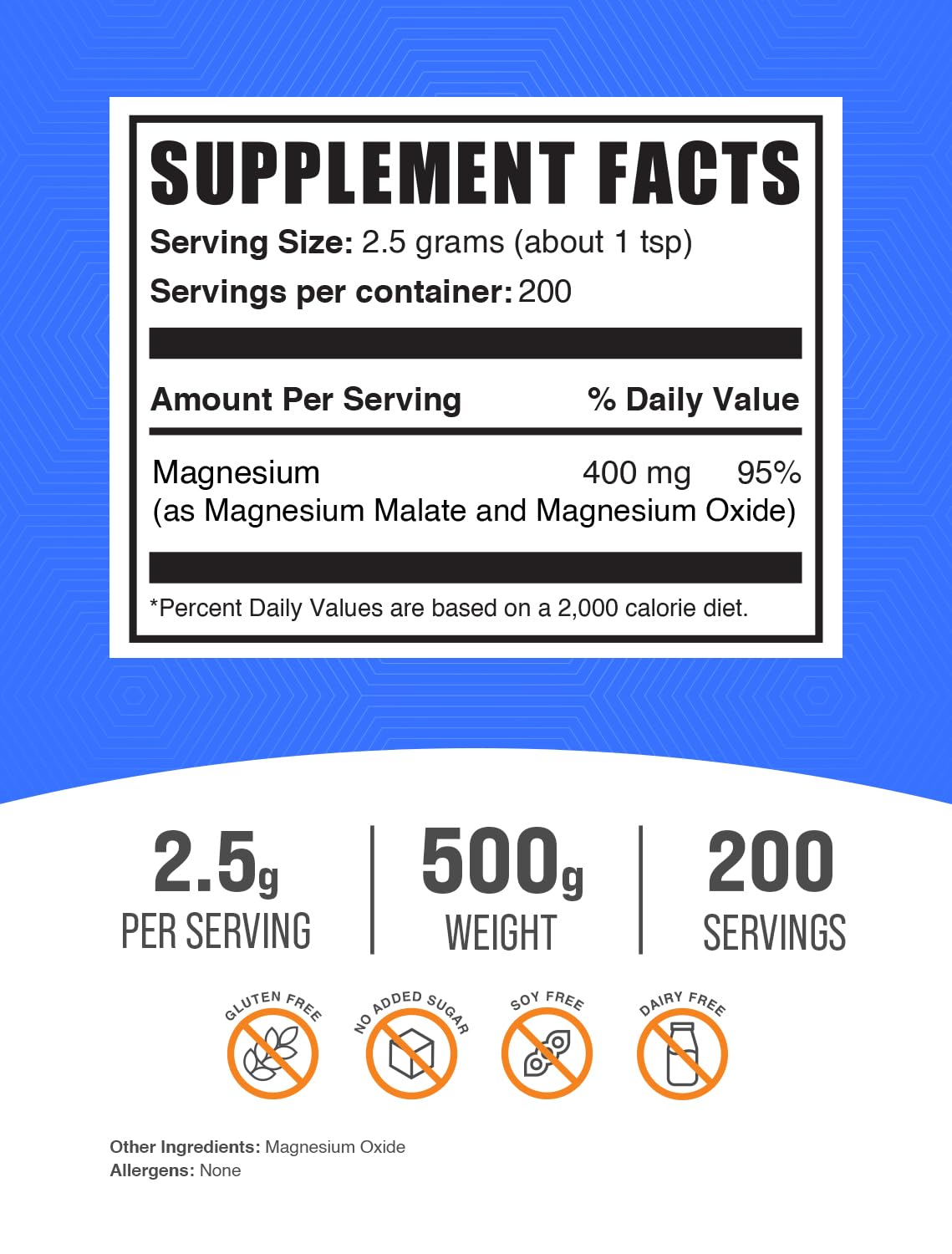 Magnesium Malate Powder | High Bioavailability, Gluten Free, 2.5g/Serving – 500g | BulkSupplements