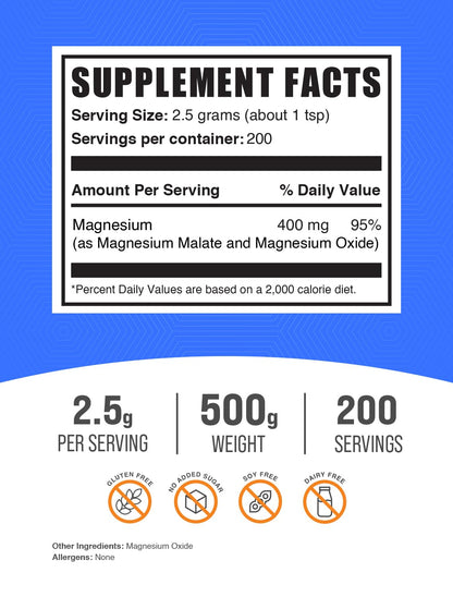 Magnesium Malate Powder | High Bioavailability, Gluten Free, 2.5g/Serving – 500g | BulkSupplements