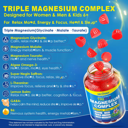 Triple Magnesium Complex Gummies for Adults & Kids 6+ – Sugar Free | Omega-3, Saffron, L-Theanine