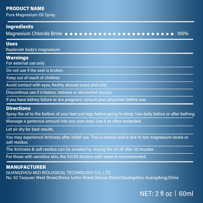 Pure Magnesium Oil Spray | Mg Oil for Feet – 2 oz / 60 ml