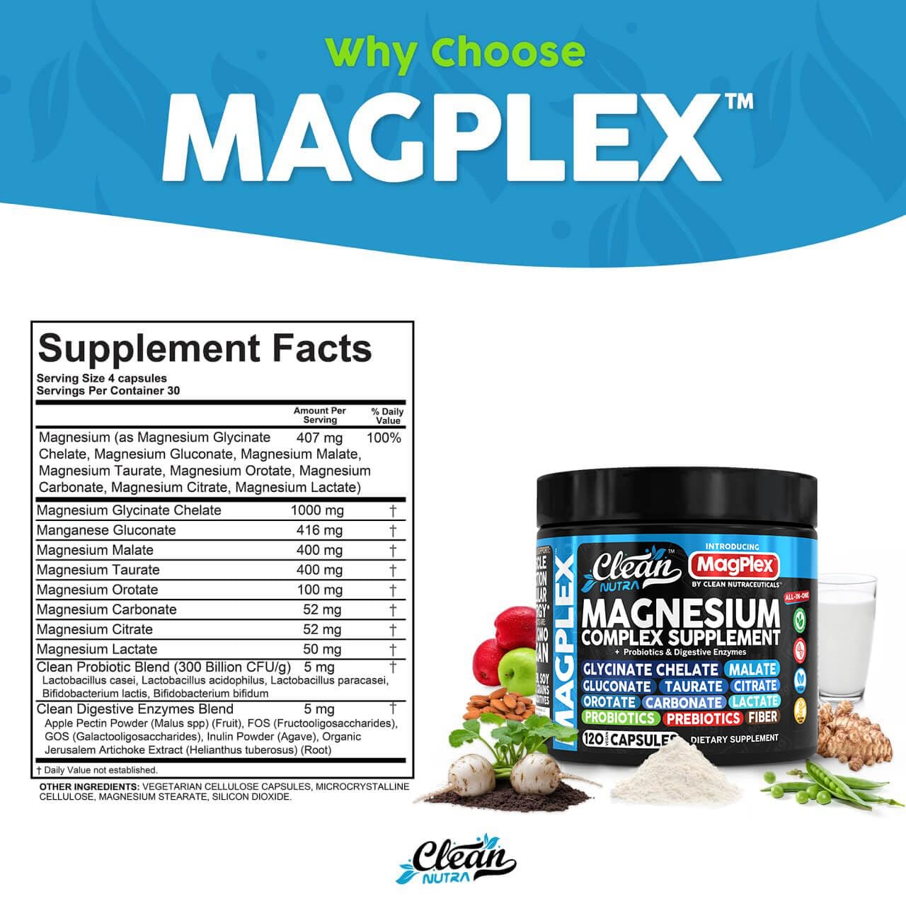 8in1 Magnesium Supplement Complex | Clean Nutra Magplex Glycinate, Citrate, Malate & Probiotics