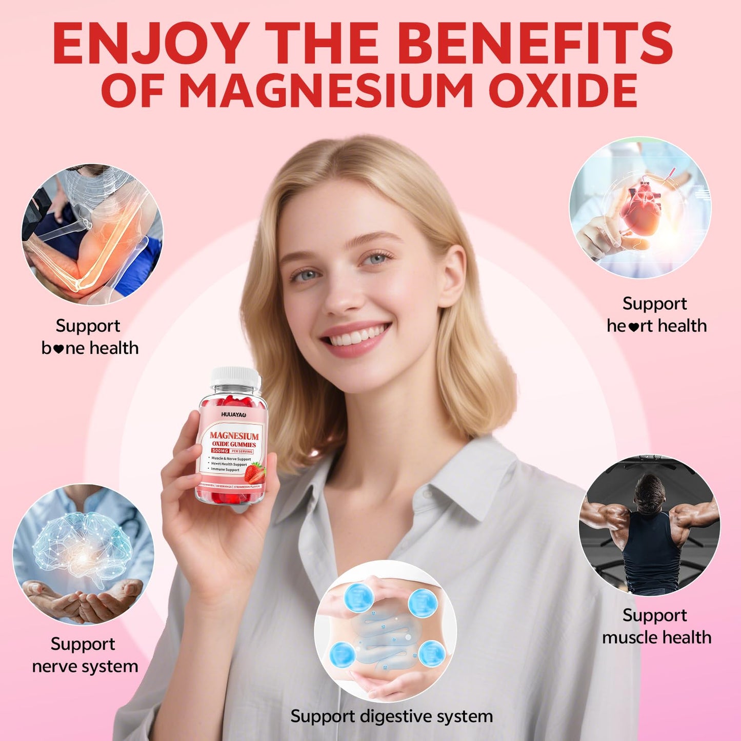 Magnesium Oxide Gummies 500mg – Adults & Kids, Strawberry, 120 Count