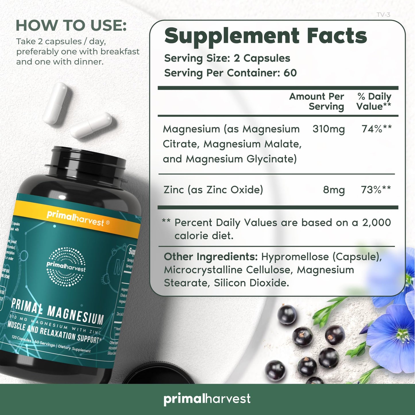 Magnesium Supplement Complex 310mg by Primal Harvest – Glycinate, Citrate, Malate & Zinc | 120 Capsules