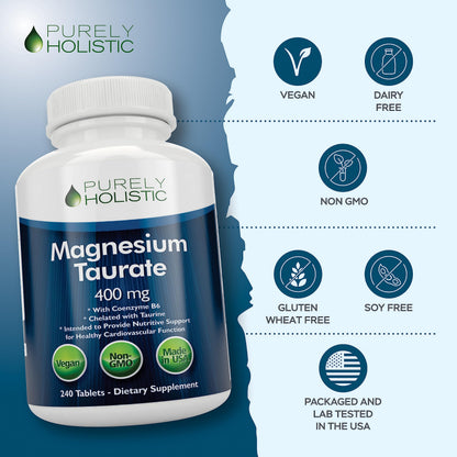 Magnesium Taurate 400mg Tablets – Chelated Mg with Taurine & B6 | 240 Vegan Tablets