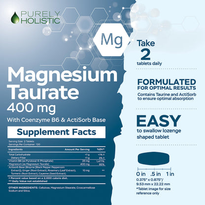Magnesium Taurate 400mg Tablets – Chelated Mg with Taurine & B6 | 240 Vegan Tablets