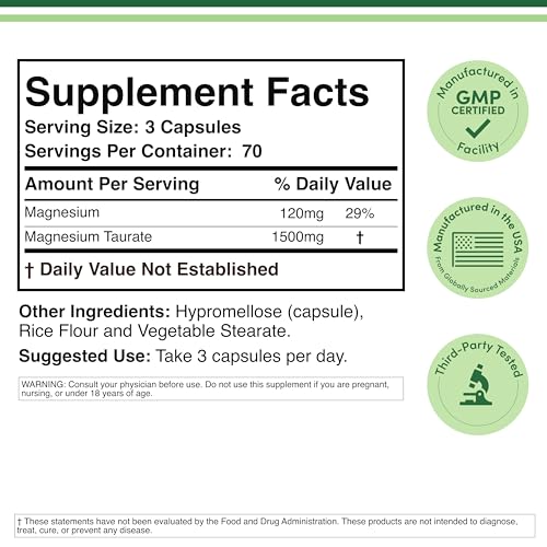 Magnesium Taurate for Cardiovascular Health – 1,500mg/Serving | 210 Vegan Capsules | Double Wood Supplements