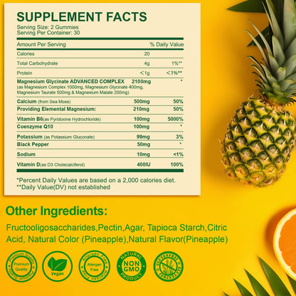 Magnesium Glycinate Gummies 400mg + Taurate, Sugar Free Pineapple - 60 Gummies with Vitamin D, B6, CoQ10 | Sleep & Relaxation