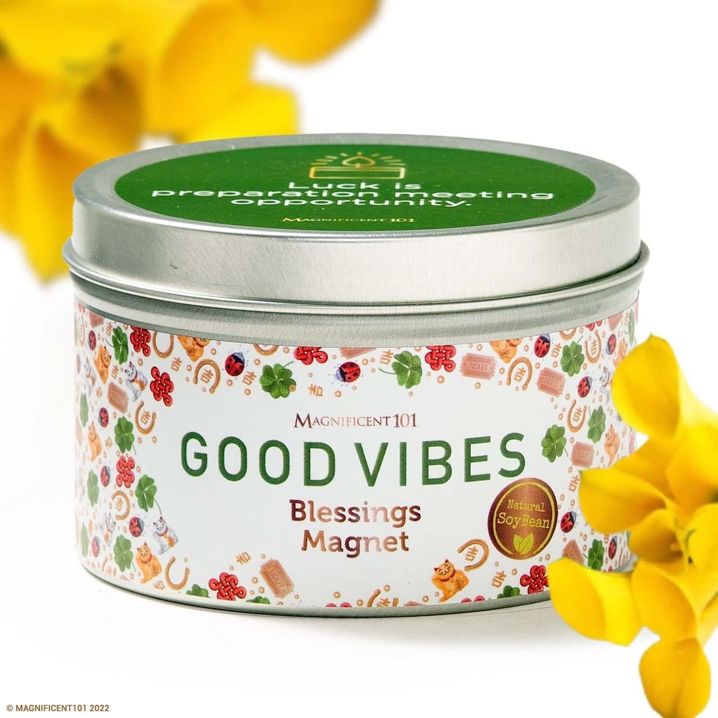 Magnificent 101 Good Vibes Manifestation Candle – 6 oz Soy Tin, Sage & Sandalwood