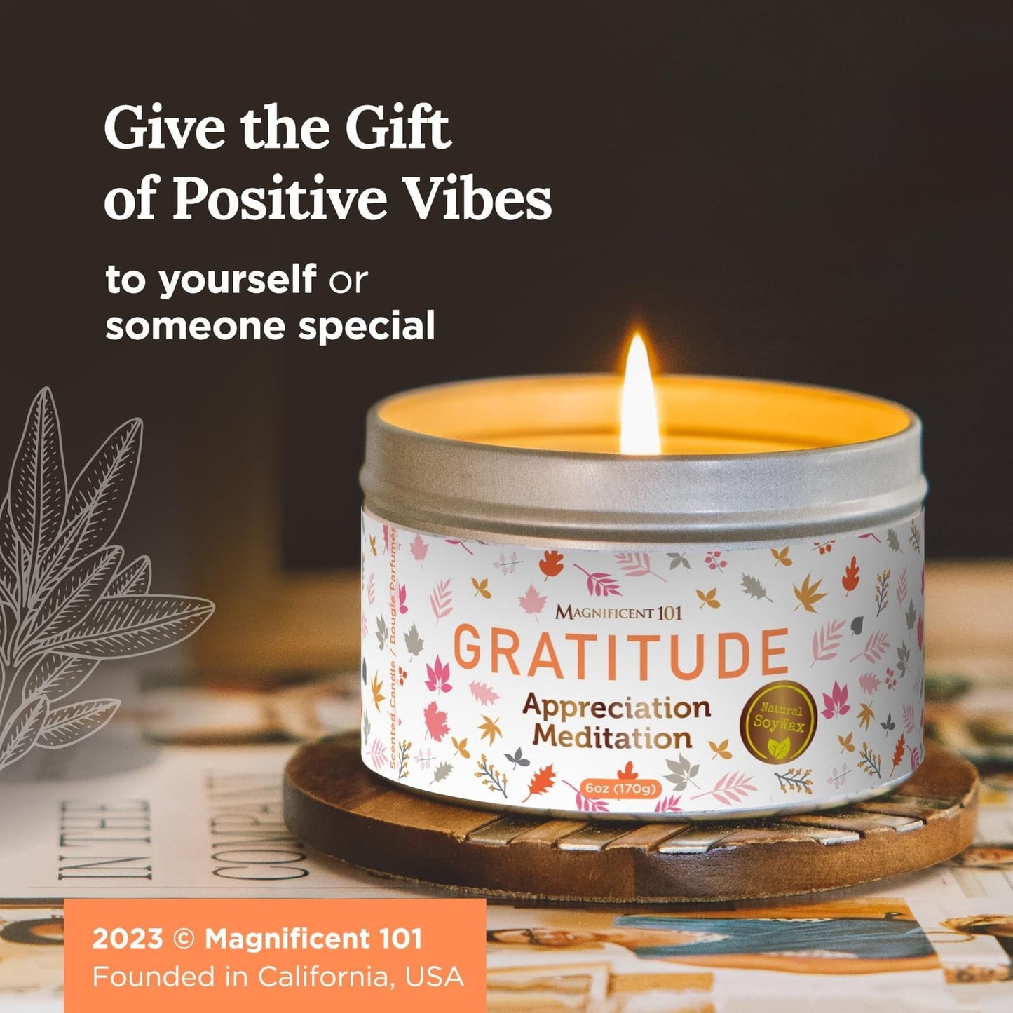 MAGNIFICENT 101 Gratitude Candle - 6 Oz Red Soy Wax, 35-Hour Burn, Paraffin Free, Sage Aromatherapy
