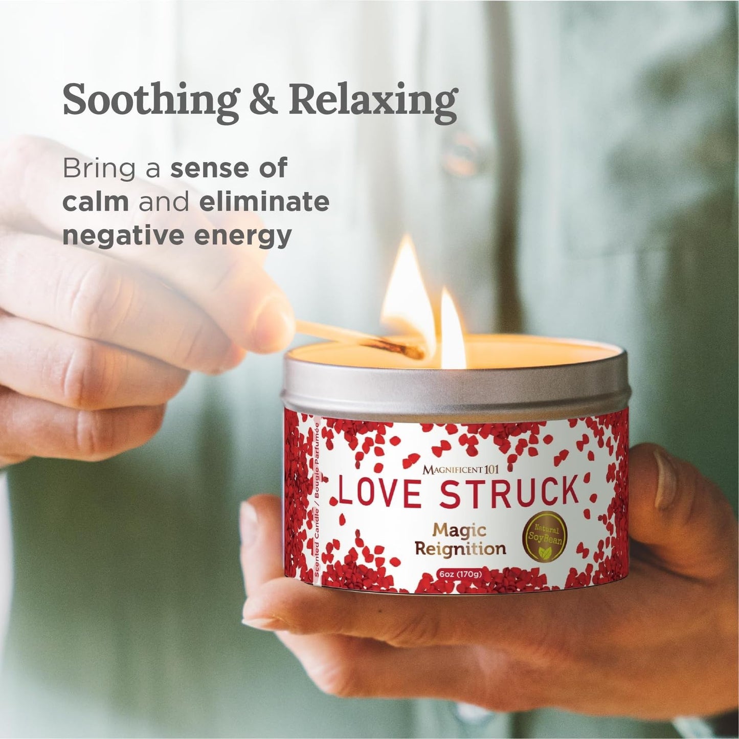 Magnificent 101 Love Struck Aromatherapy Tin Candle – 6 oz, All-Natural Soy Wax, Sage Rose Jasmine Lavender Lilac