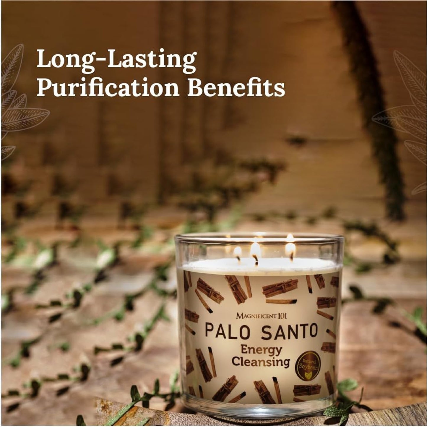 Magnificent 101 Long Lasting Palo Santo Scented Aromatherapy Candle | 14 oz | 56 Hour Burn | Soy Wax for Energy Cleansing, Purification & Manifestation