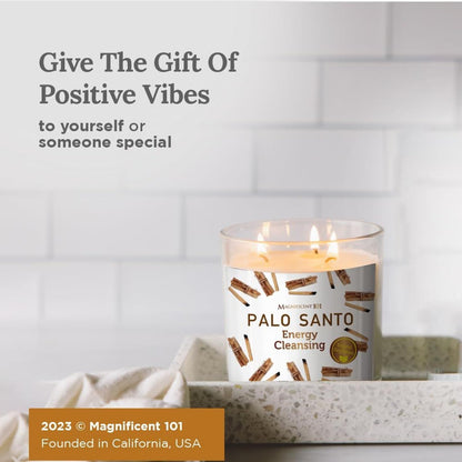 Magnificent 101 Long Lasting Palo Santo Scented Aromatherapy Candle | 14 oz | 56 Hour Burn | Soy Wax for Energy Cleansing, Purification & Manifestation