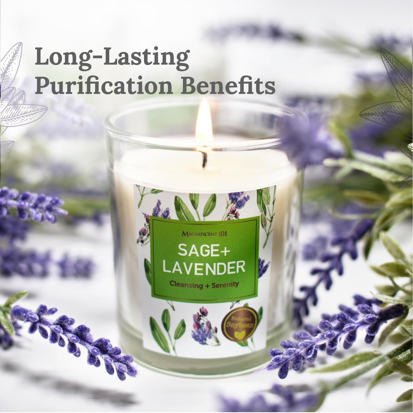 Magnificent 101 Soy Candle Set of 3 – Sage & Lavender, 3.5 oz Glass Jars, 42-Hour Burn