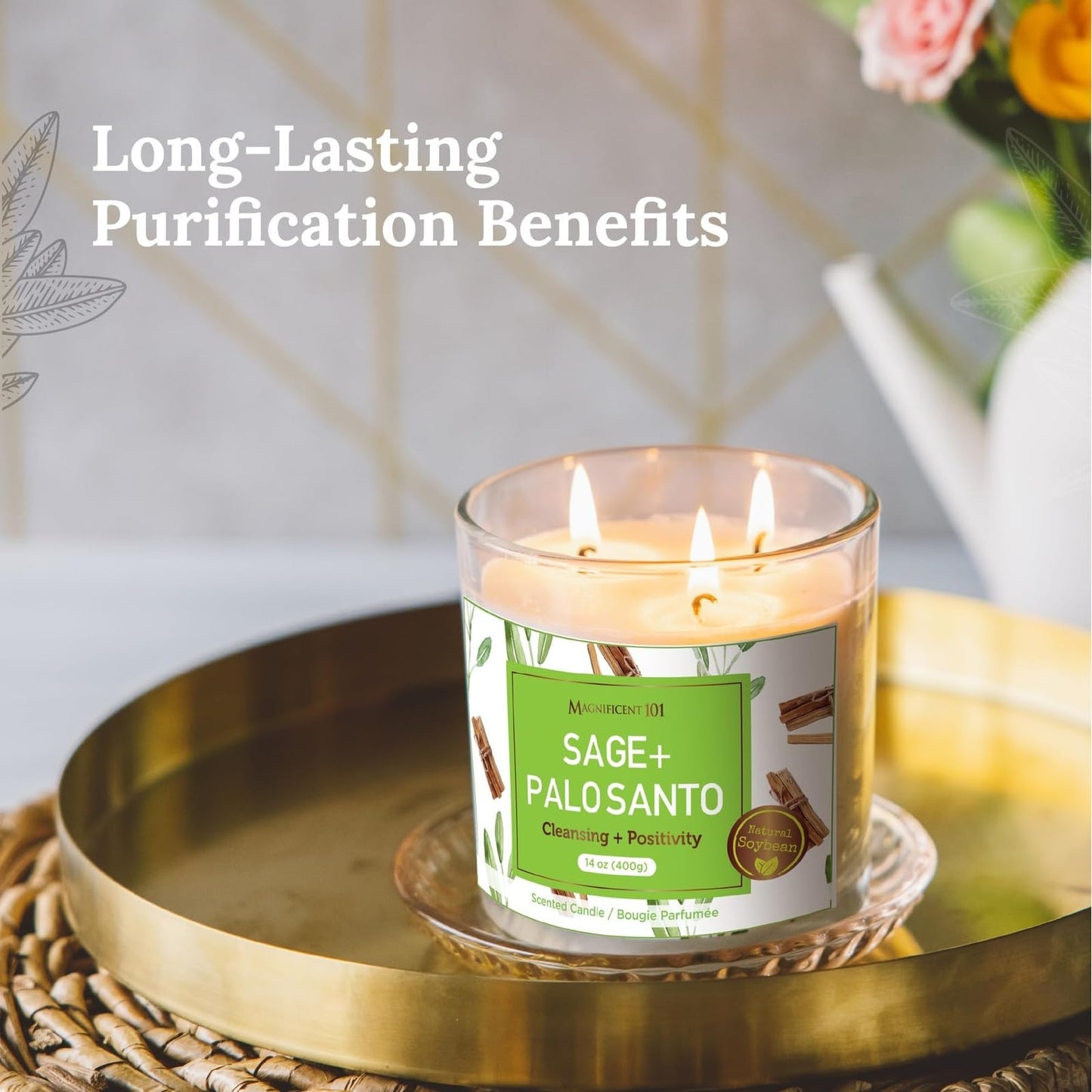 Magnificent 101 Sage & Palo Santo Candle – 14oz, 56-Hour Burn Time, Soy Wax Smudge Candle for Negative Energy Cleansing & Manifestation