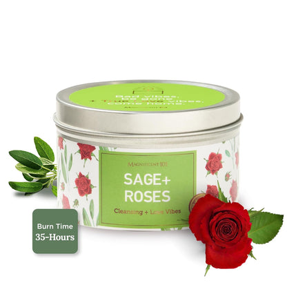 Magnificent 101 Sage & Roses Aromatherapy Candle for Space Cleansing | 6 oz Soy Wax, 35-Hour Burn, Meditation & Spiritual Decor