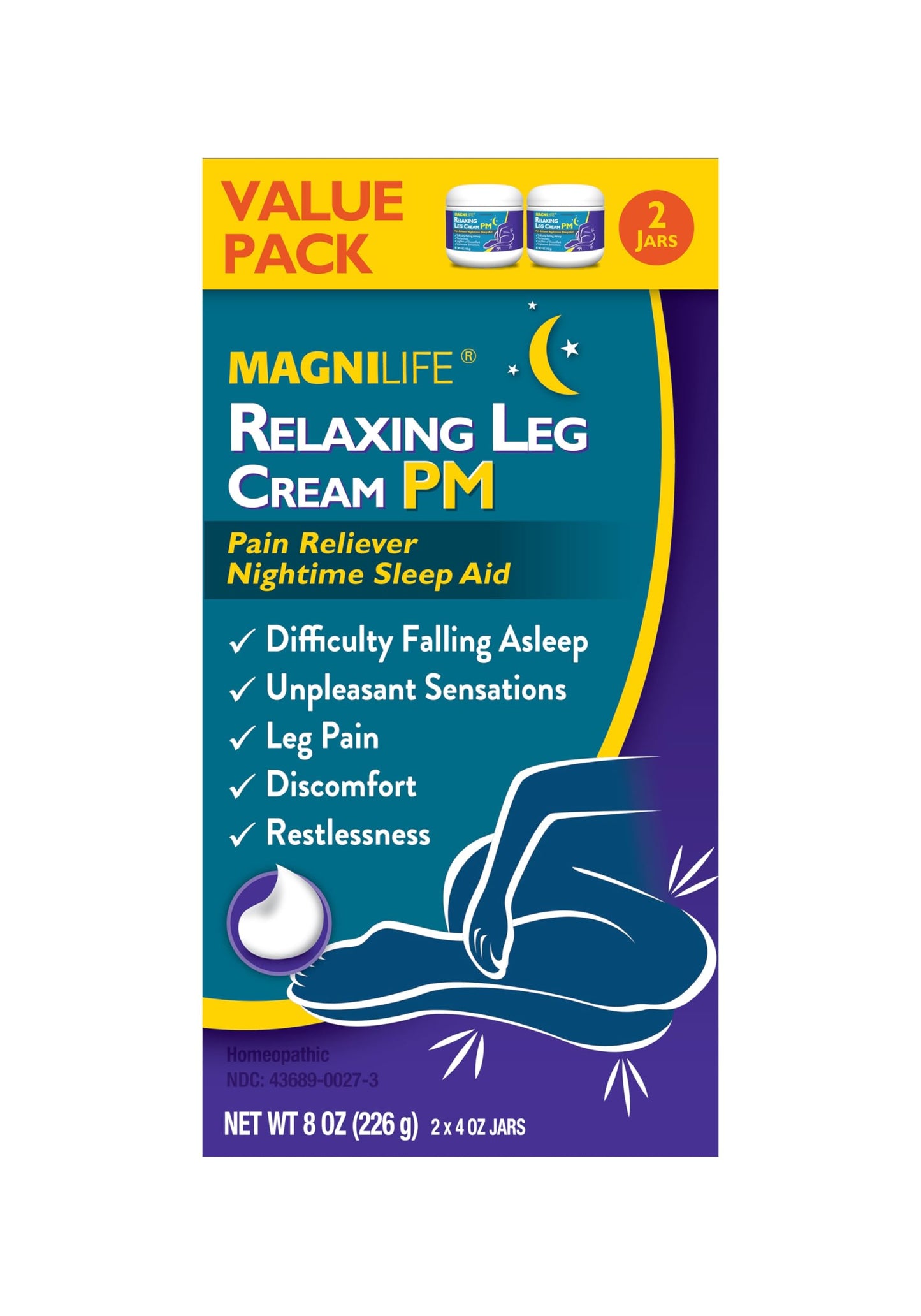 MagniLife Relaxing Leg Cream PM – Restless Legs Relief with Lavender & Magnesium (2 Pack, 4oz Jars)