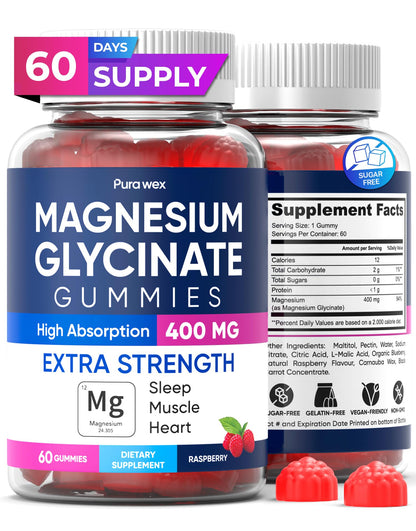Magnesium Glycinate Gummies 400mg – Sugar Free, Vegan, Raspberry (60-Day Supply)