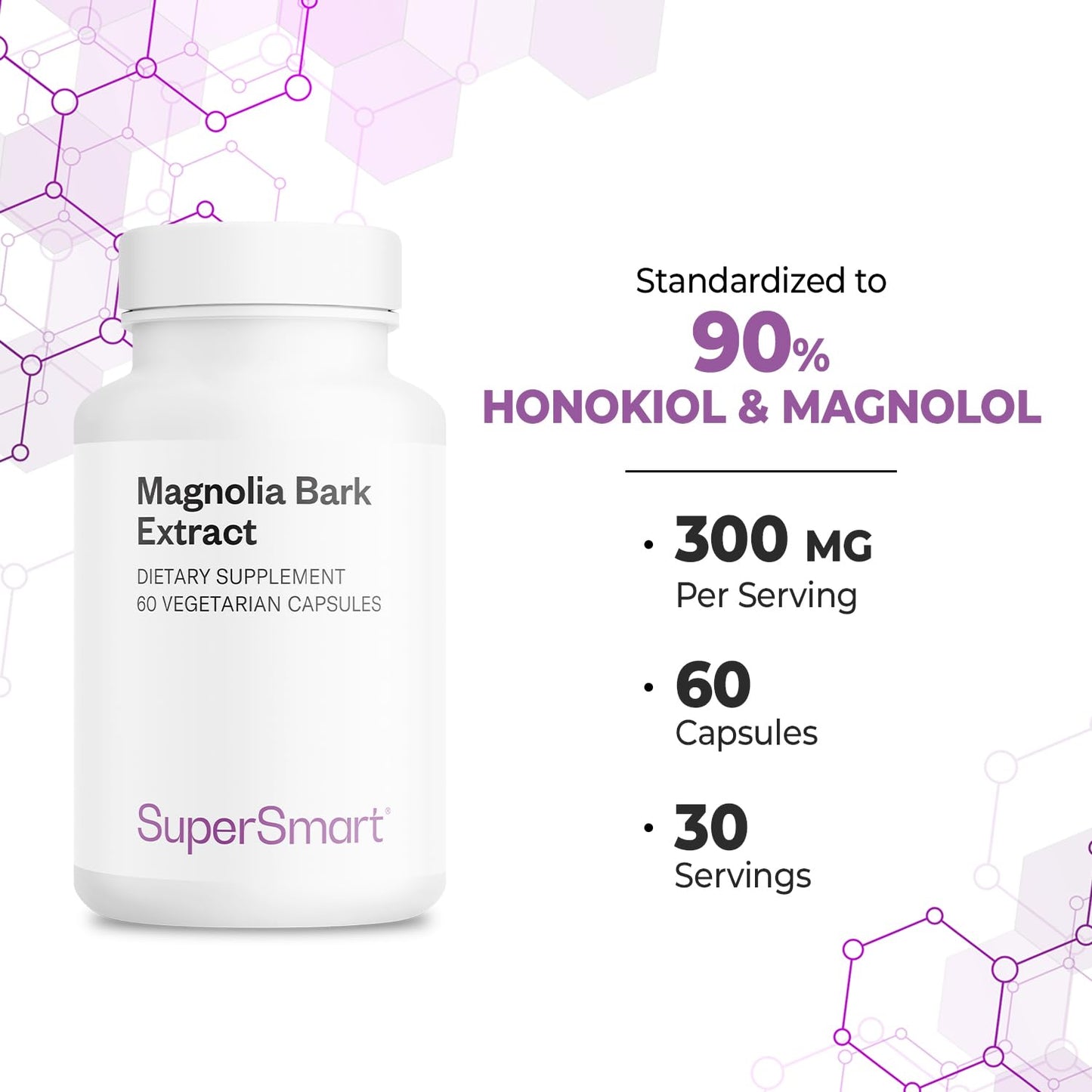 Supersmart Magnolia Bark Extract 300mg | 90% Honokiol & Magnolol | Non-GMO Gluten Free | 60 Veg Capsules