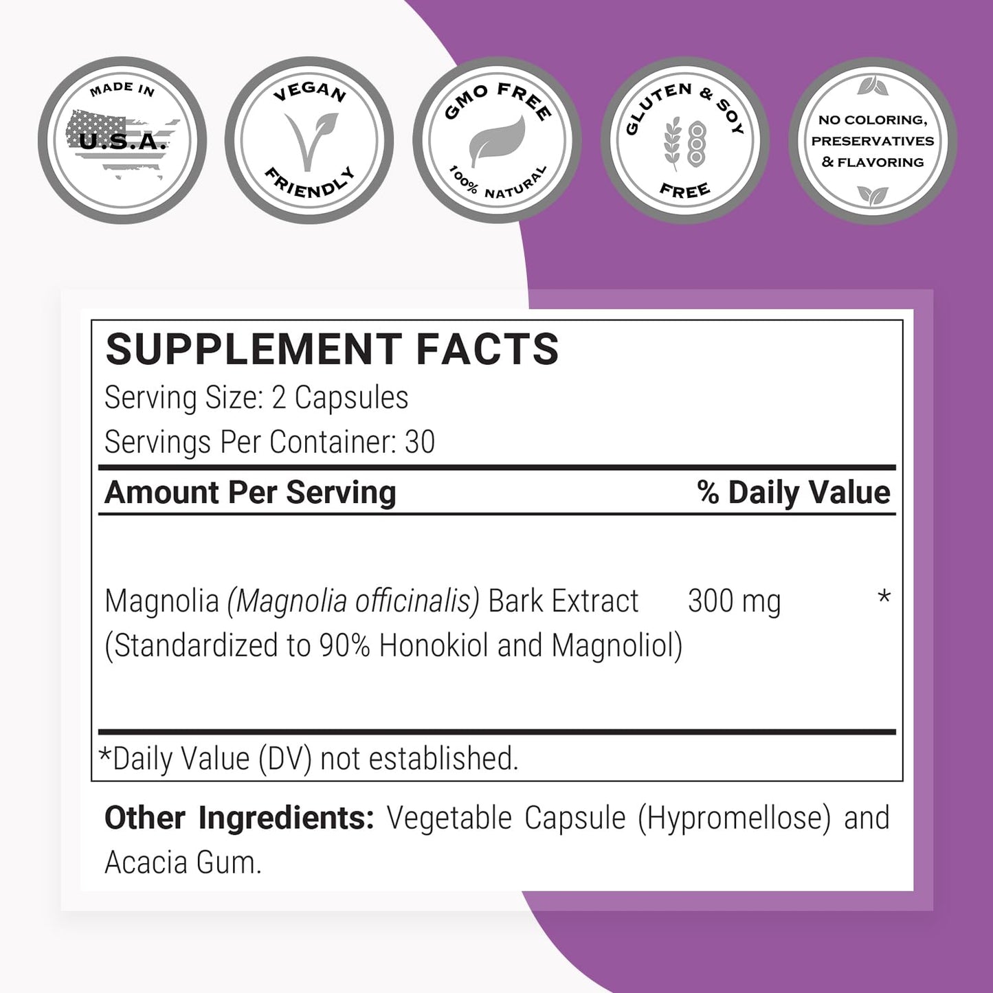 Supersmart Magnolia Bark Extract 300mg | 90% Honokiol & Magnolol | Non-GMO Gluten Free | 60 Veg Capsules