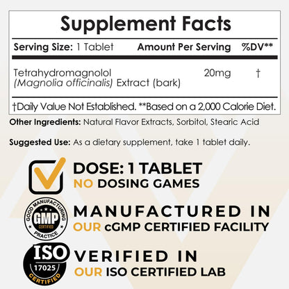 Nootropics Depot Tetrahydromagnolol 20mg Quick-Dissolve Tablets | Magnolia Bark | 60 Count
