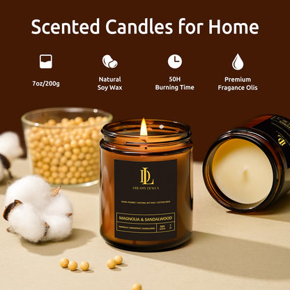 Magnolia & Sandalwood Soy Candle – 7oz, 50h Burn Time | Gift for Home