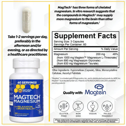 MagTech Magnesium Complex - 3-Form Magnesium (Magtein L-Threonate, Glycinate & Taurate) 200mg, 180 Capsules | NATURAL STACKS
