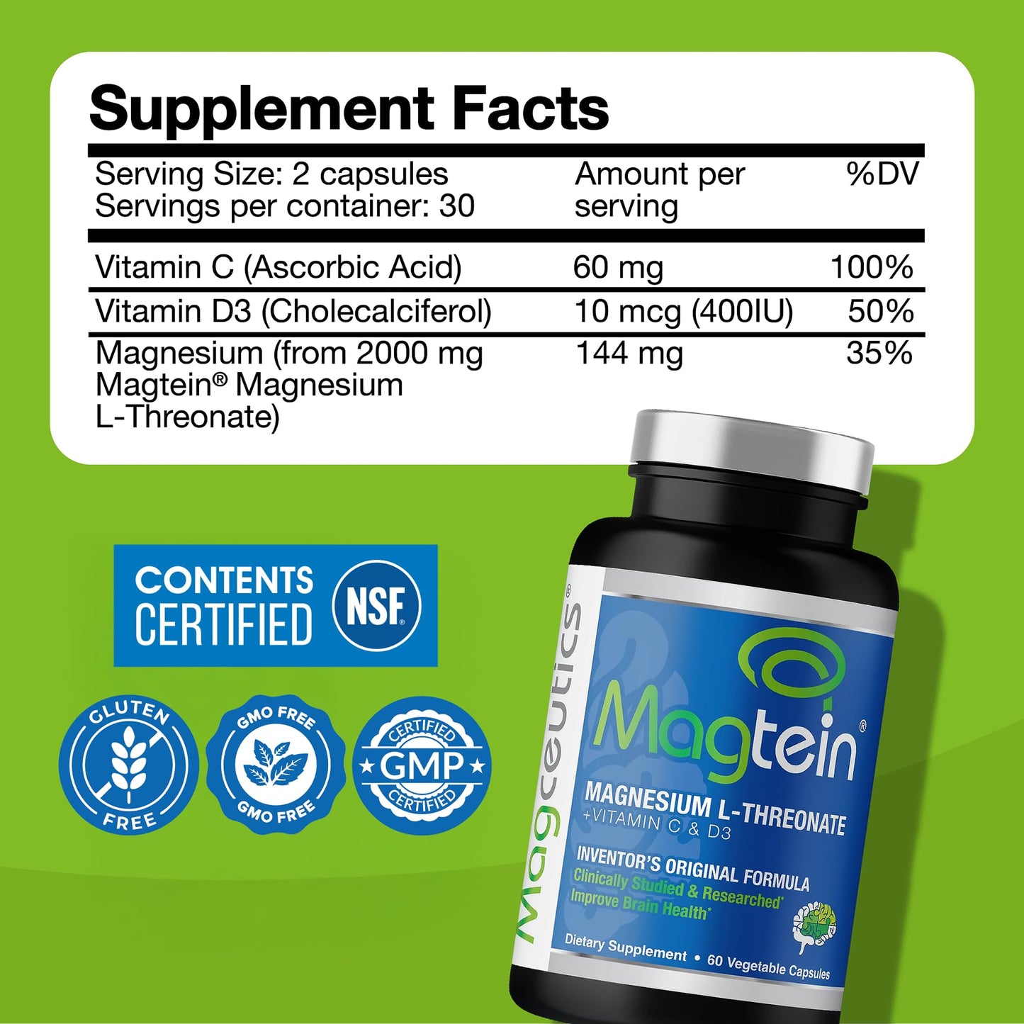 Magtein Magnesium L-Threonate Supplement – Memory, Focus & Sleep Support | 60 Veg Capsules
