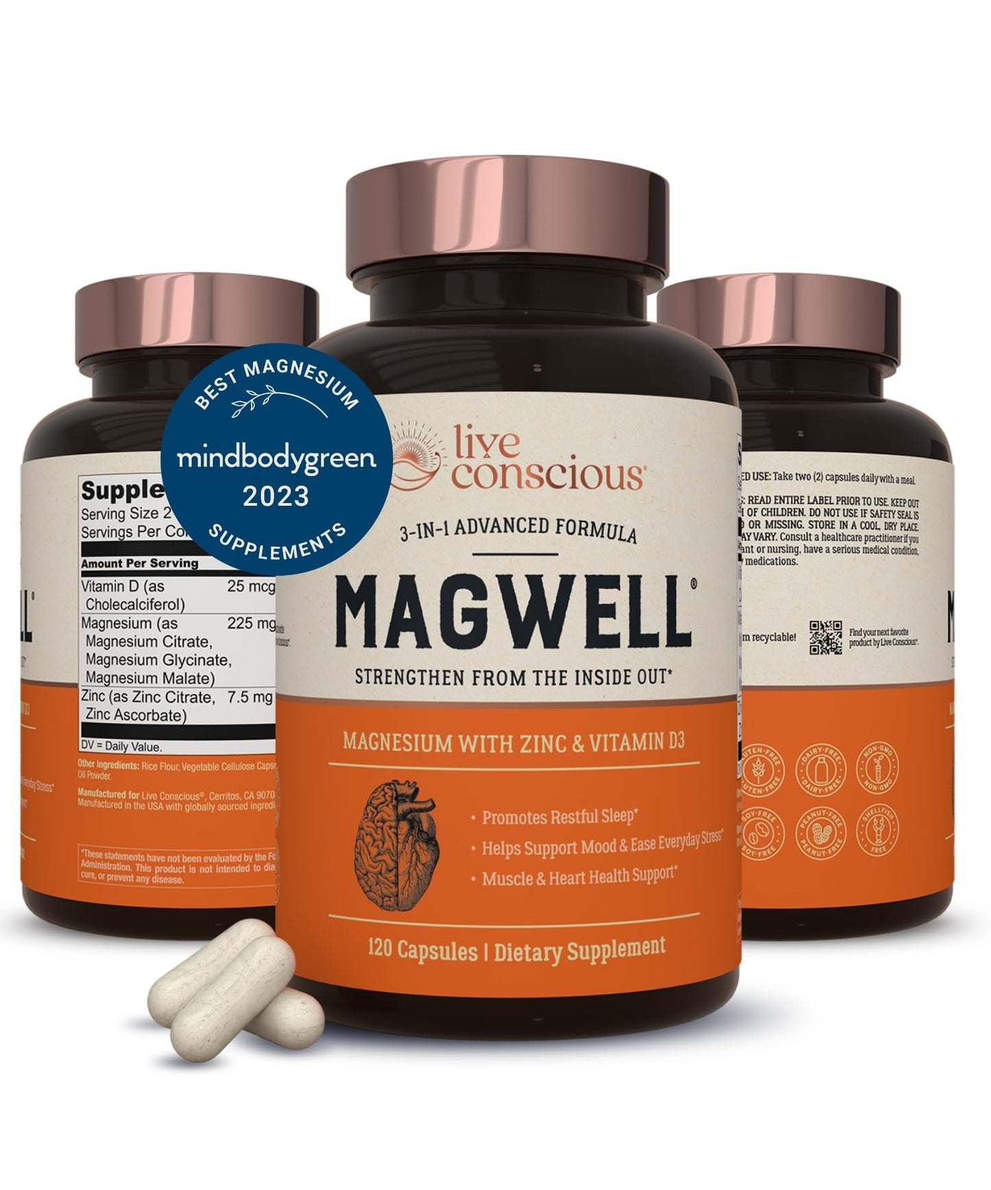 Live Conscious Magnesium Zinc & Vitamin D3 - Bioavailable Forms of Magnesium - Malate, Glycinate, Citrate - MagWell Bone & Heart Health, Immune System Support - 120 Capsules (2-Pack)