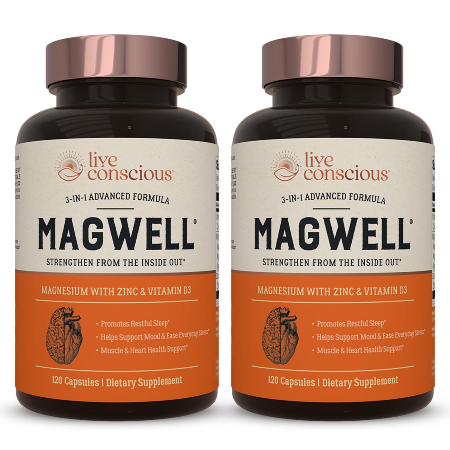 Live Conscious Magnesium Zinc & Vitamin D3 - Bioavailable Forms of Magnesium - Malate, Glycinate, Citrate - MagWell Bone & Heart Health, Immune System Support - 120 Capsules (2-Pack)