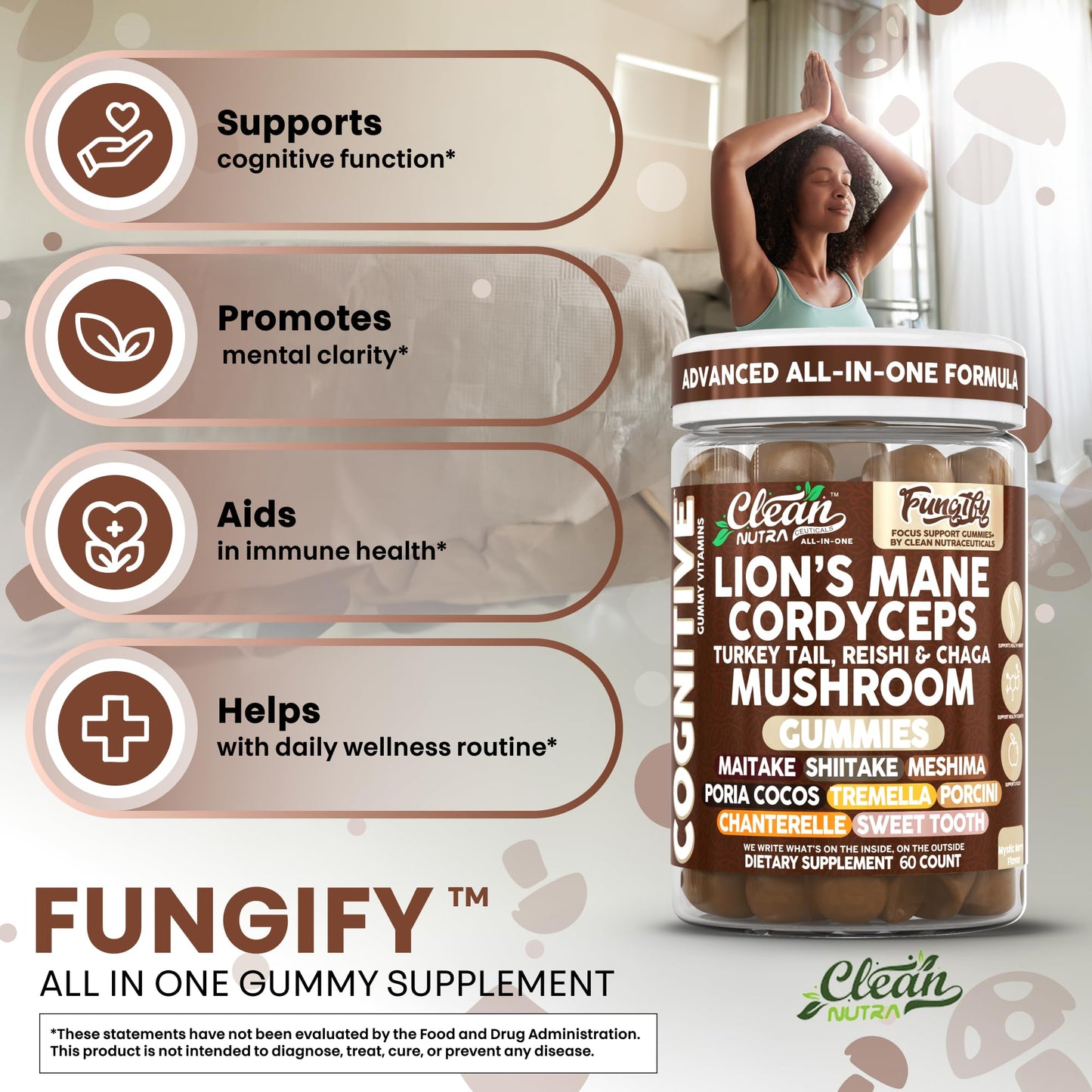 Clean Nutra Lions Mane Gummies — Memory & Focus with Cordyceps, Reishi & Immune Support