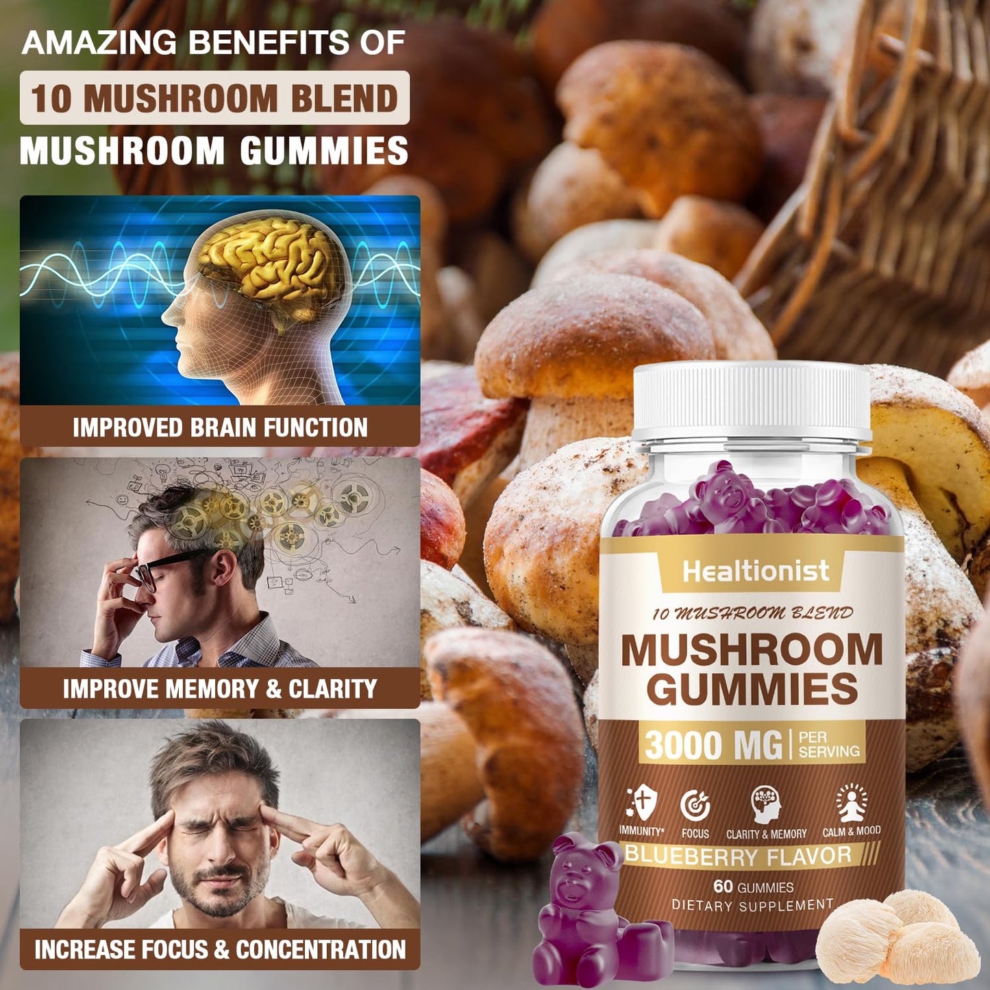 2 Packs Mushroom Complex Gummies 10-Blend – Lion's Mane & Cordyceps for Brain & Immune Support