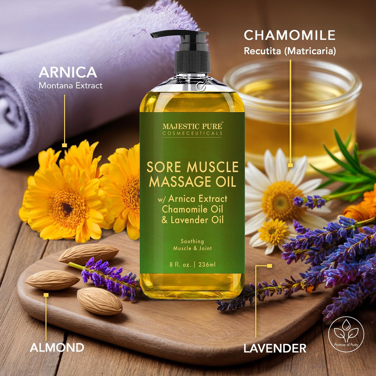 Majestic Pure Arnica Sore Muscle Massage Oil – Lavender & Chamomile (8 oz x2)