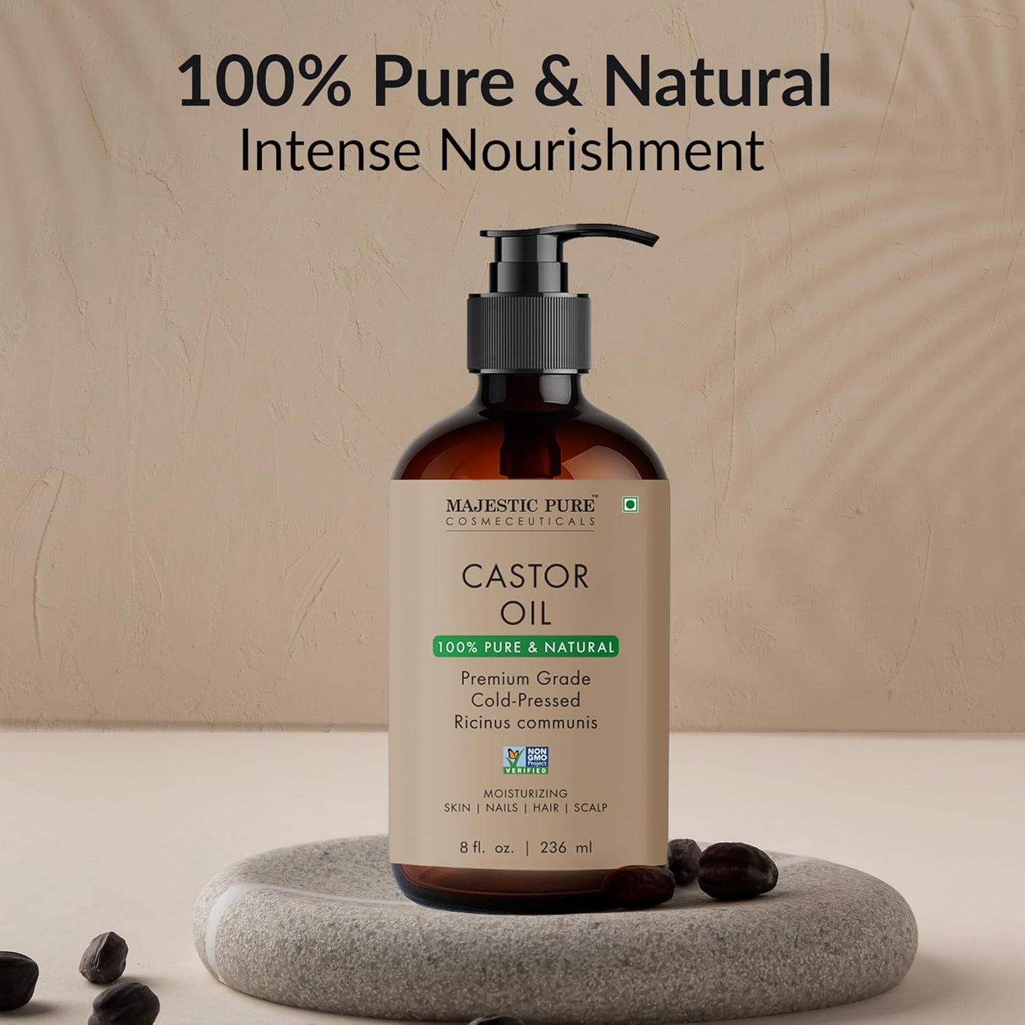 Majestic Pure Castor Oil - Glass Bottle, 8 fl oz | 100% Pure & Natural, Cold-Pressed, Hexane Free, For Hair, Eyelashes, Eyebrows, Nails