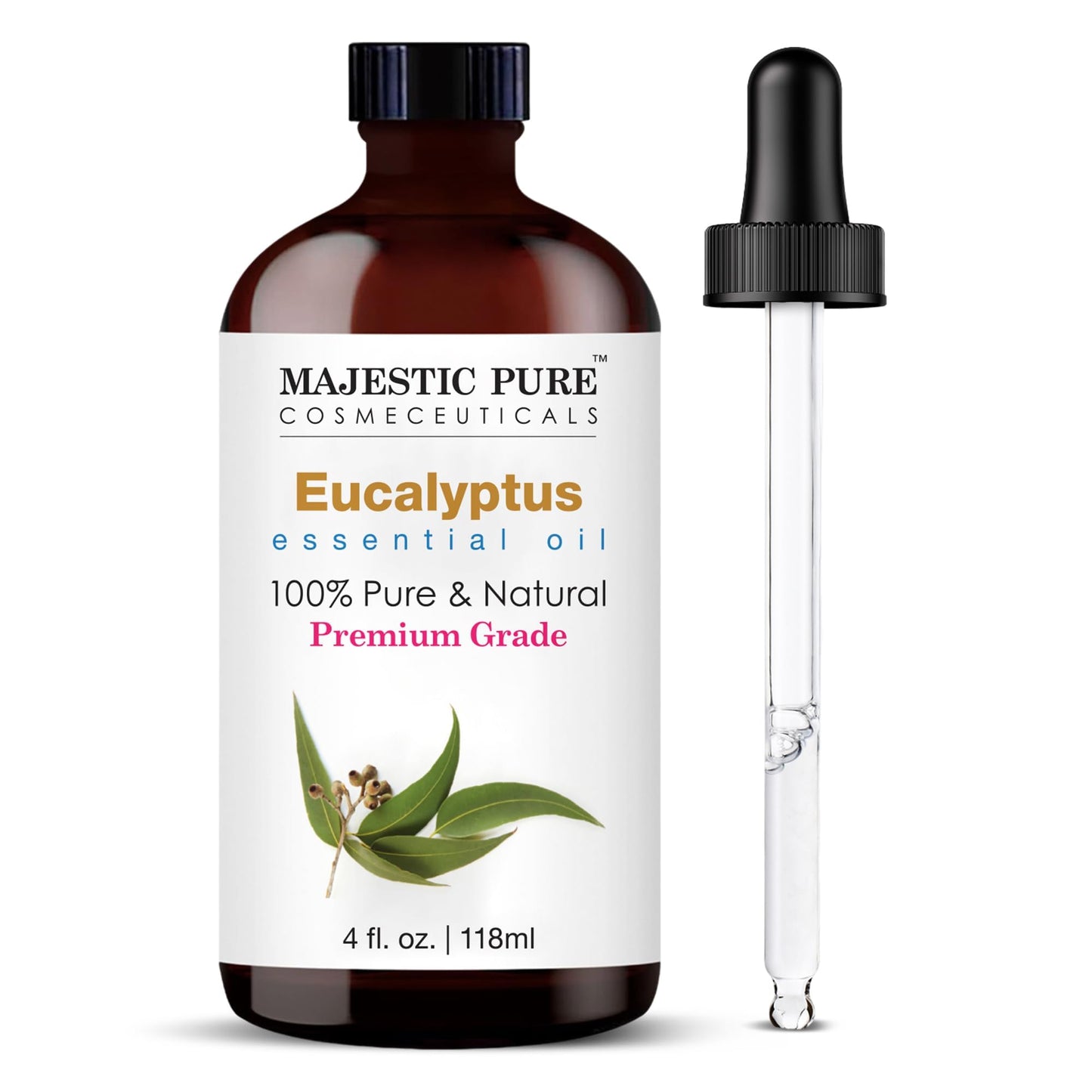Majestic Pure Eucalyptus Essential Oil – 4 oz with Glass Dropper, 100% Pure & Natural