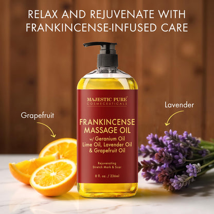 MAJESTIC PURE Frankincense Scar & Stretch Massage Oil – All Skin Types, 8 fl oz