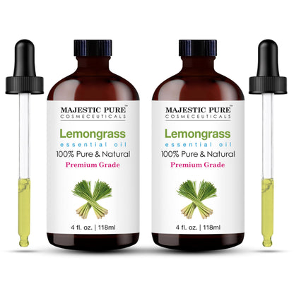 Majestic Pure Lemongrass Essential Oil - 100% Pure & Natural, Glass Dropper, 4 Fl Oz (Pack of 2)