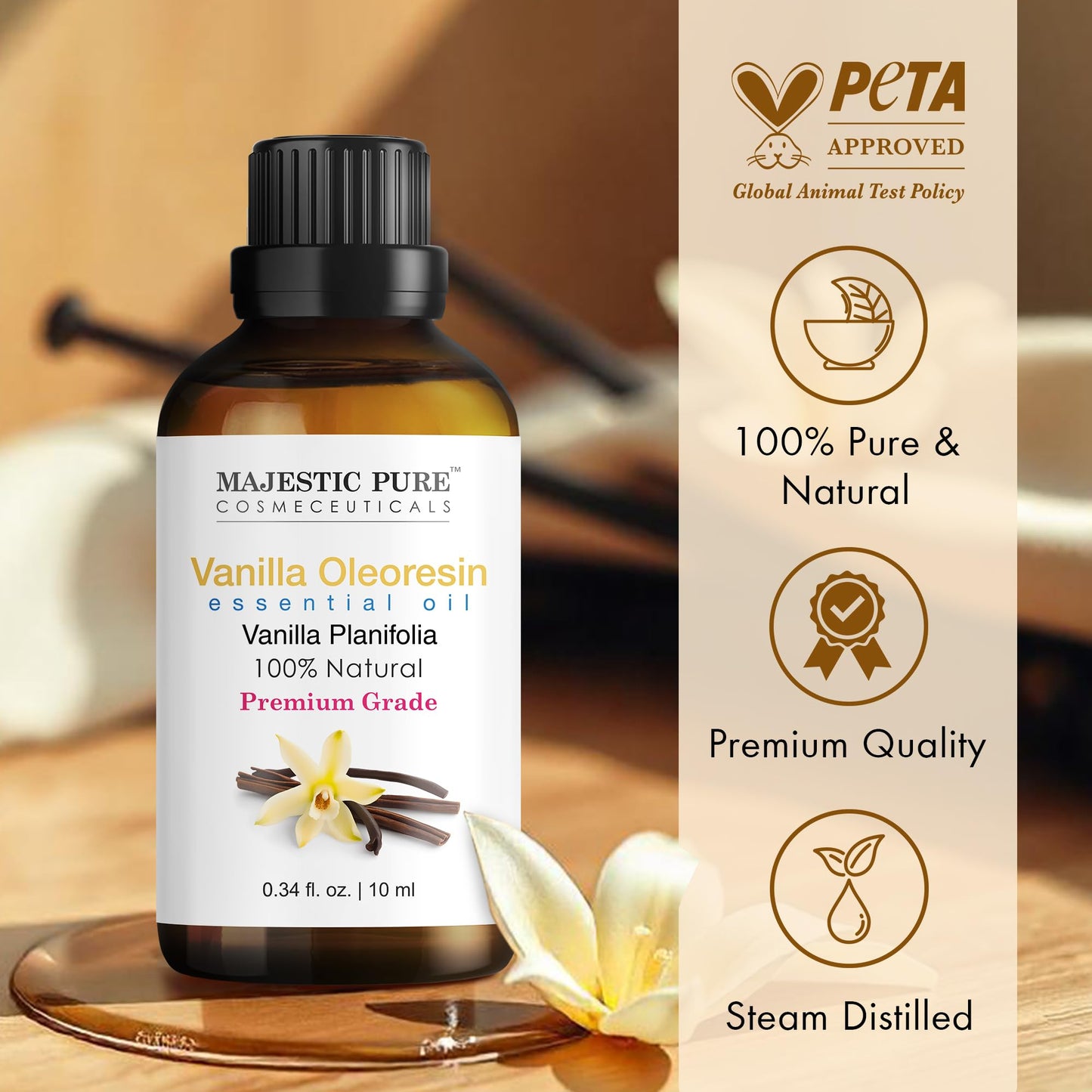 Majestic Pure Vanilla Essential Oil with Glass Dropper – 0.3 Fl Oz (10 ml) – 100% Pure & Natural