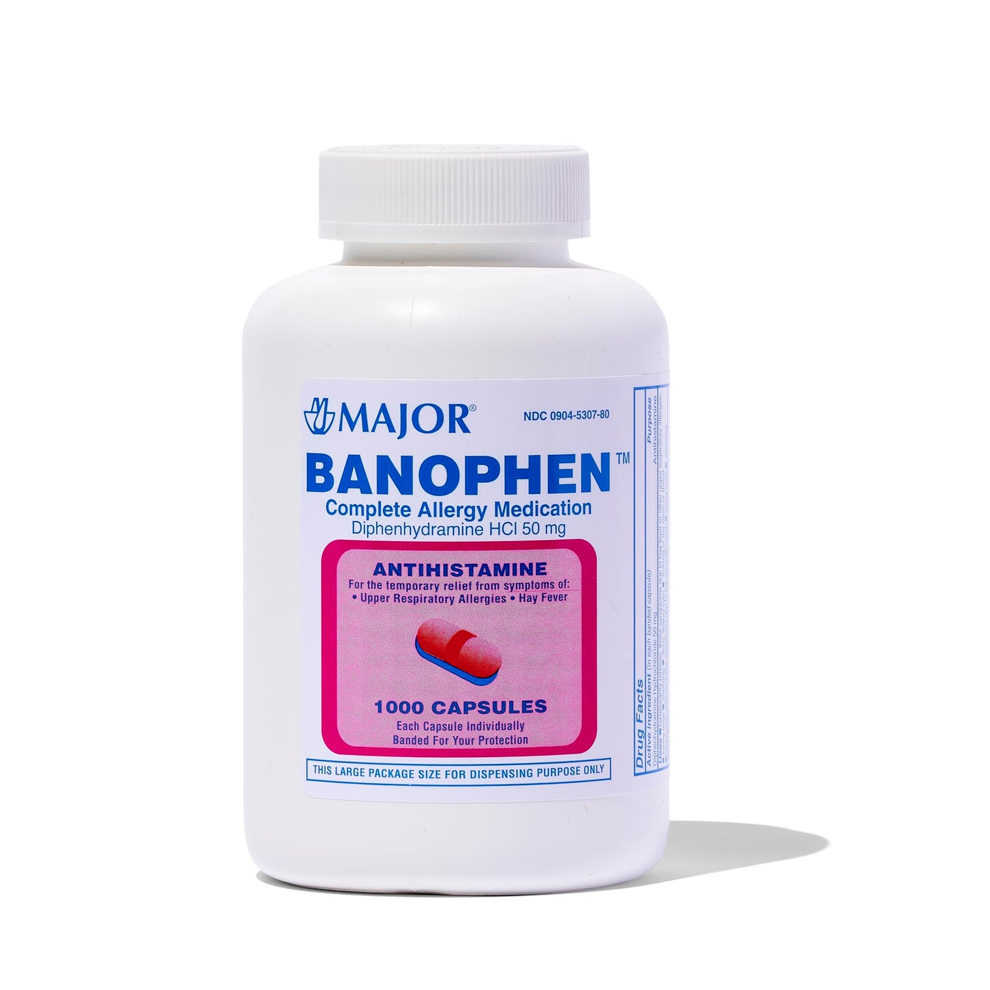 MAJOR Banophen Diphenhydramine HCl 50 mg Capsules – Temporary Allergy Relief (1000 Count)