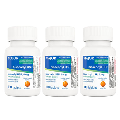 MAJOR Bisacodyl USP 5mg – Gentle Stimulant Laxative Tablets, 100 Count (3-Pack)