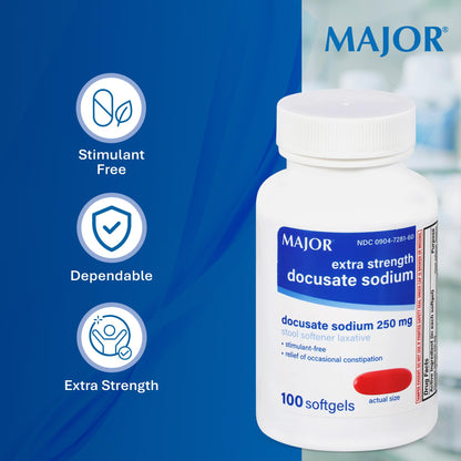 MAJOR Docusate Sodium 250 mg Extra Strength Stool Softener – Stimulant-Free Laxative, 100 Softgels