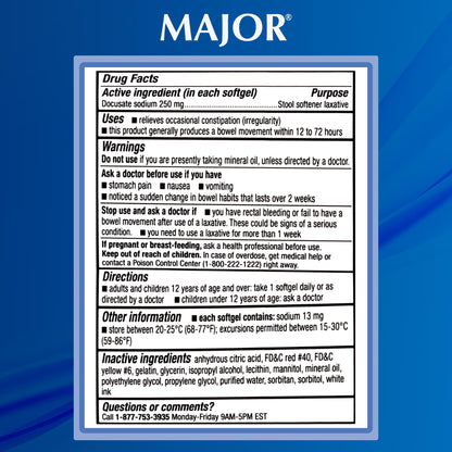 MAJOR Docusate Sodium 250 mg Extra Strength Stool Softener – 100 Softgels (4 Pack)