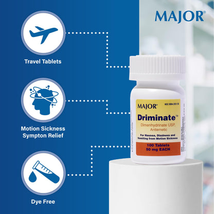 MAJOR Driminate - 50mg Dimenhydrinate Motion Sickness Tablets, 100 Count (3 Pack)