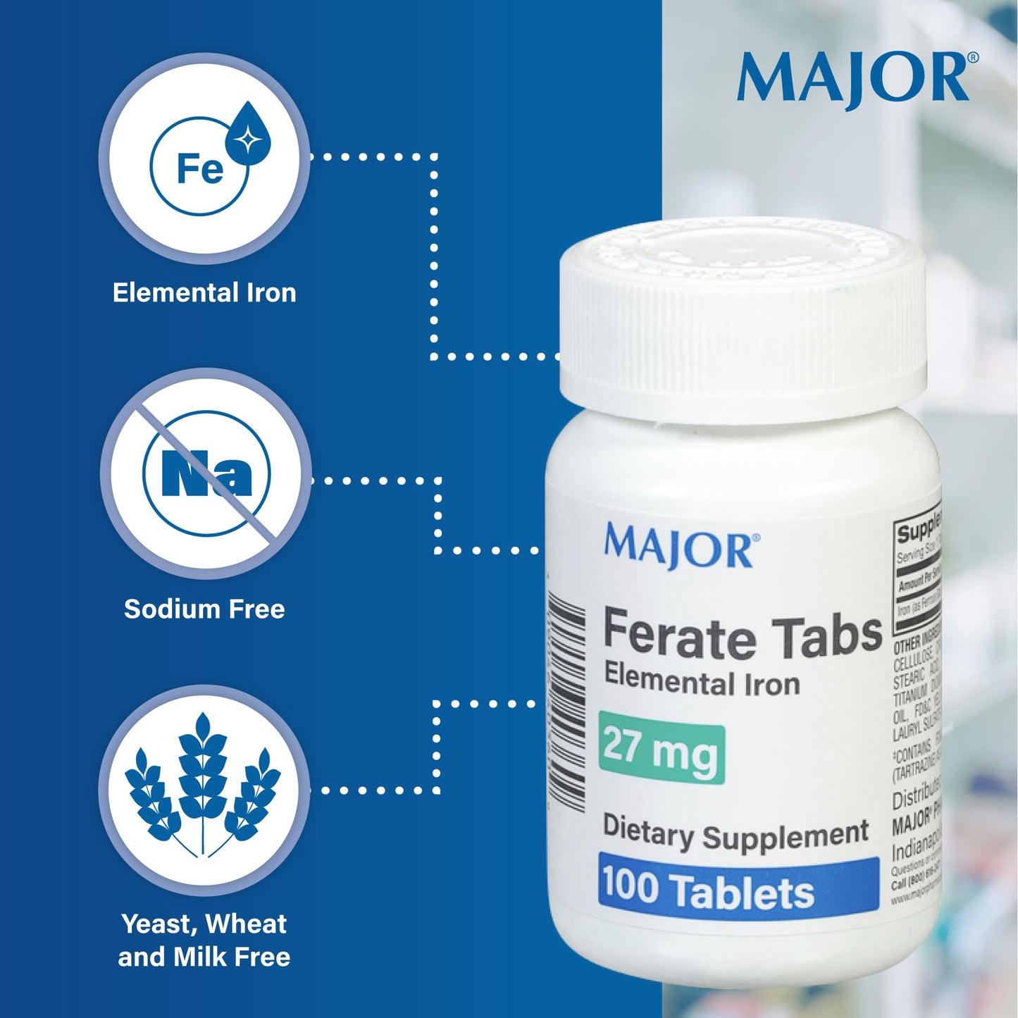 Major 27 mg Ferate Tabs – Ferrous Gluconate Iron Supplement (3 Pack, 100 Count)