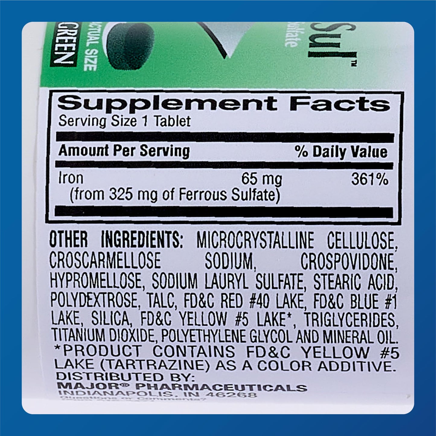 Major Ferosul 325mg Ferrous Sulate – Green Tablets (100 ct)