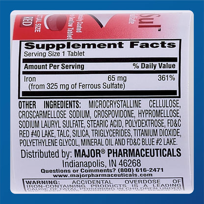 Major Ferosul Ferrous Sulfate 325mg Tablets with 65mg Elemental Iron – Iron Supplement for Women & Men – Red – 100 Count (6 Pack)